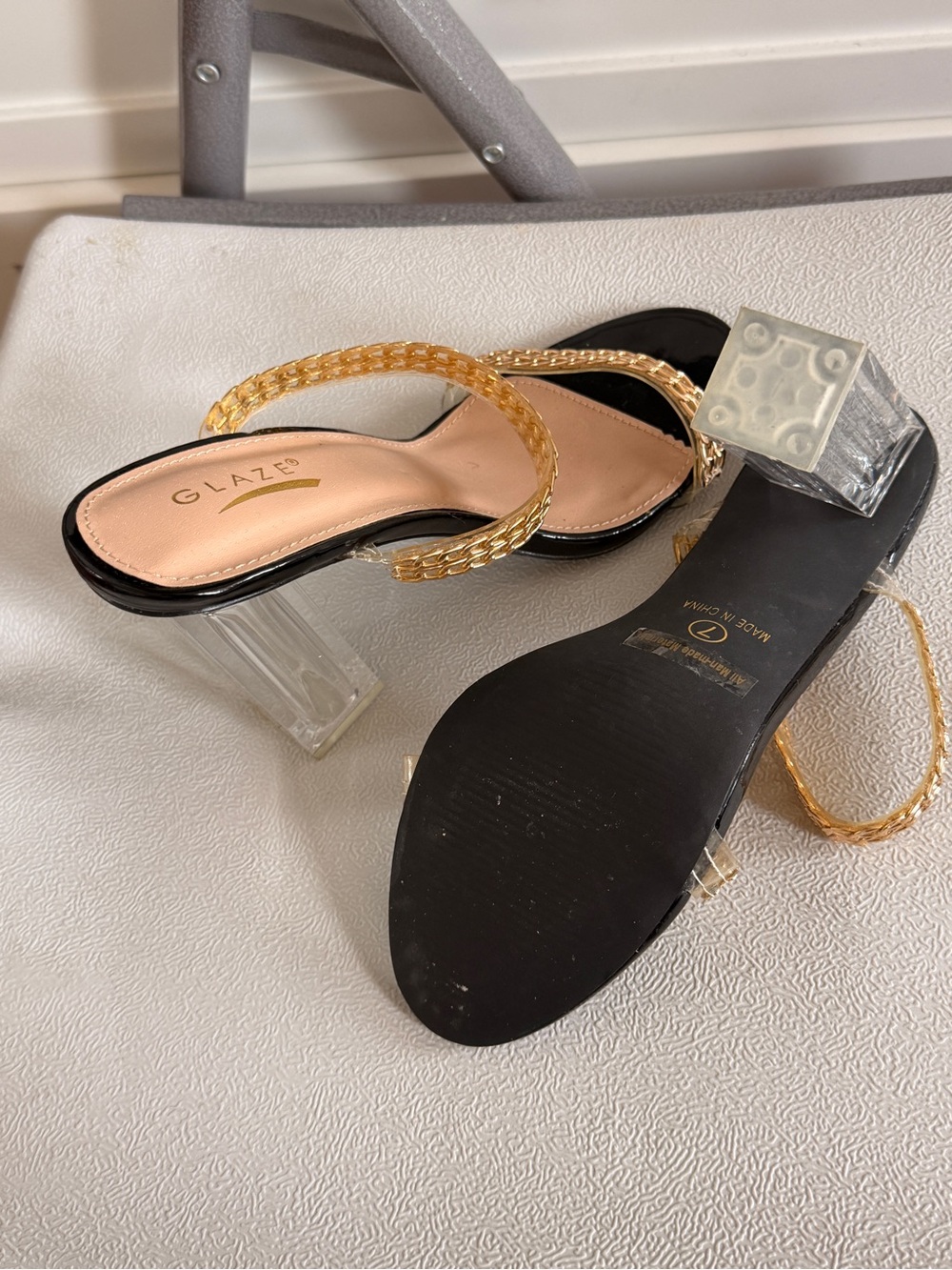 Glaze Women's Gold Braided-Strap Clear Block Heel Sandals